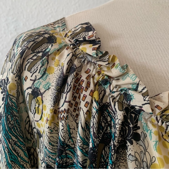 Rützou 100% Silk dress; beautiful and unusual print; ruffled front neckline - Picture 3 of 15